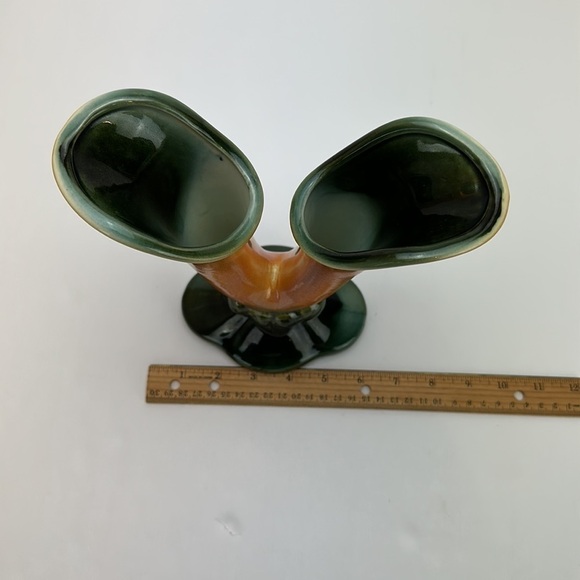 Vintage Hull Pottery Double Cornucopia Vase 103 Mottled Orange and Green - Picture 8 of 15